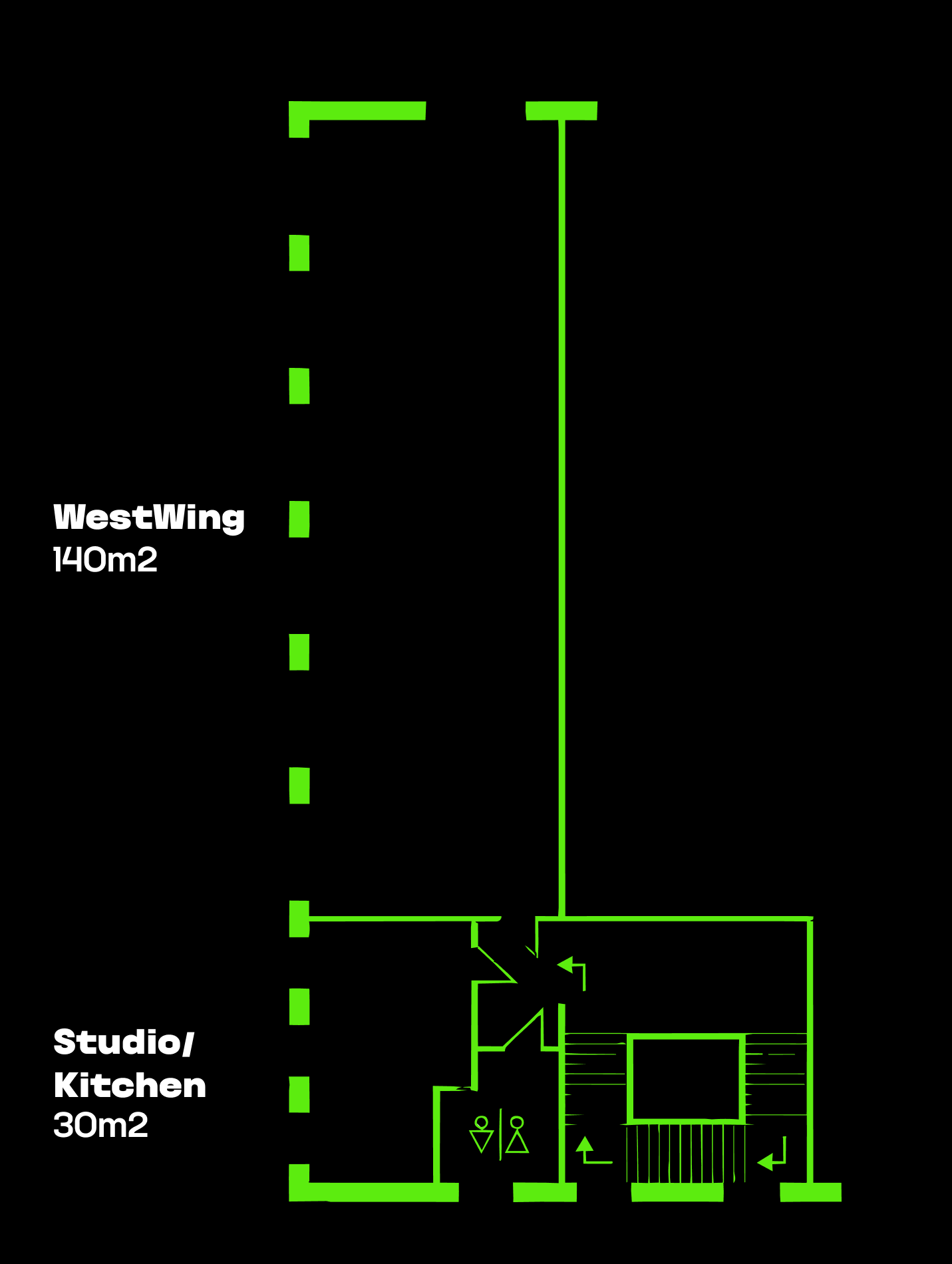 Floor plan of the WestWing main hall and studio kitchen